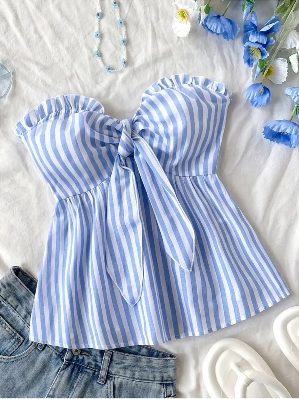 Striped Blue Tie-Front Strapless Top